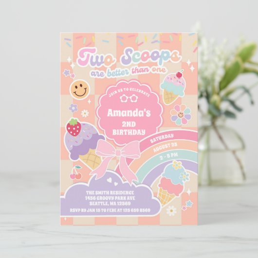 Two Scoop Ice Cream Groovy Daisy 2nd Birthday 招待状 (スタンド正面)