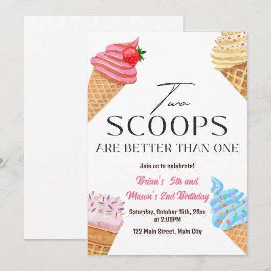 Two Scoops Are Better Than One Birthday Party 招待状 (正面/裏面)