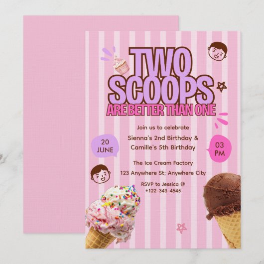 Two Scoops are Better Than One Ice Cream Birthday  招待状 (正面/裏面)