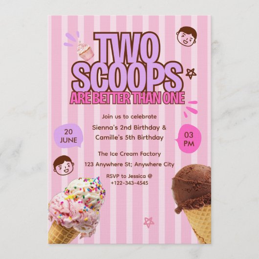 Two Scoops are Better Than One Ice Cream Birthday  招待状 (正面)
