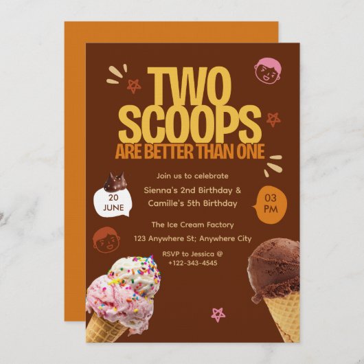 Two Scoops are Better Than One Ice Cream Birthday 招待状 (正面/裏面)