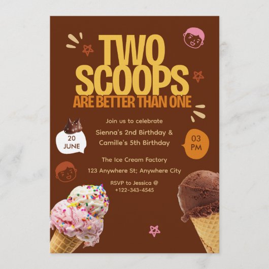 Two Scoops are Better Than One Ice Cream Birthday 招待状 (正面)