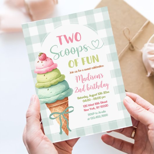 Two Scoops Of Fun Ice Cream Bow 2nd Birthday 招待状