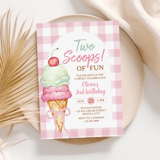 Two Scoops Of Fun Ice Cream Bow 2nd Birthday 招待状