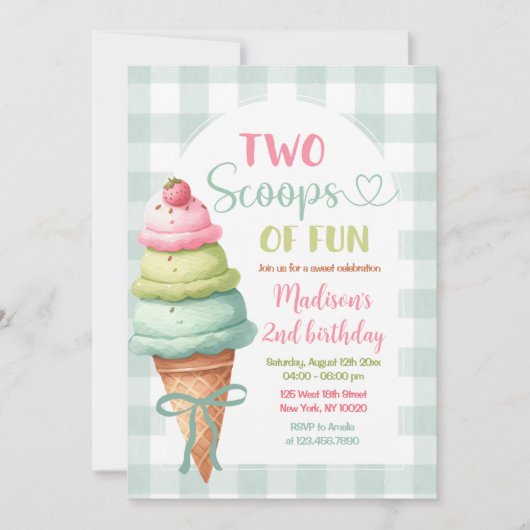 Two Scoops Of Fun Ice Cream Bow 2nd Birthday 招待状 (正面)