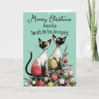 Two Siamese Cats on Christmas Tree Christmas Card カード