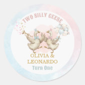 Two Silly Geese Boy & Girl Twins Birthday ラウンドシール (正面)