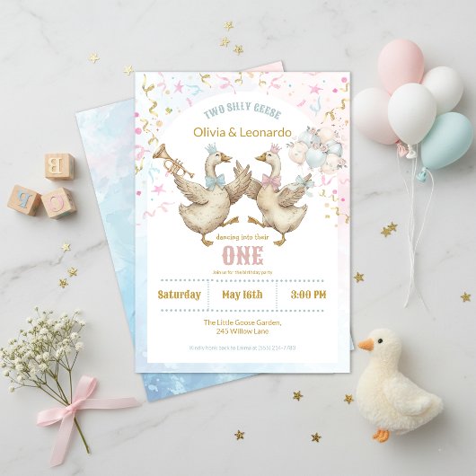 Two Silly Geese Boy & Girl Twins Birthday 招待状