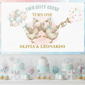 Two Silly Geese Boy & Girl Twins Birthday 横断幕