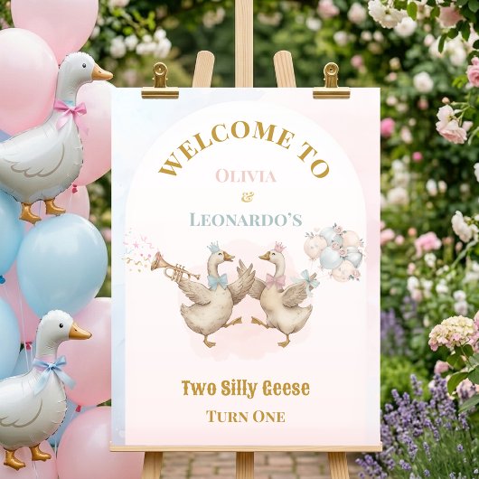 Two Silly Geese Boy & Girl Twins Birthday Welcome ポスター