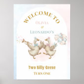 Two Silly Geese Boy & Girl Twins Birthday Welcome ポスター (正面)
