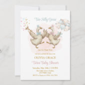 Two Silly Geese Pink And Blue Twins Baby Shower 招待状 (正面)