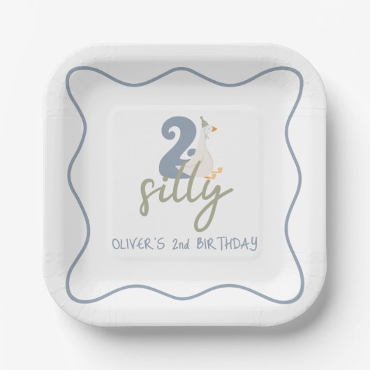 Two Silly Goose ダストブルーとグリーン 2歳の誕生日 ペーパープレート (正面)