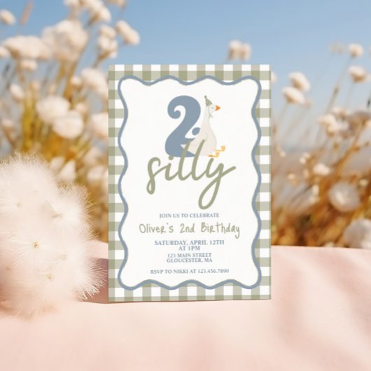 TWO Silly Goose 青と緑の2歳の誕生日 招待状