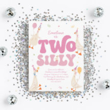 Two Silly Goose 2歳の誕生日パーティー招待状 女の子 ピンク