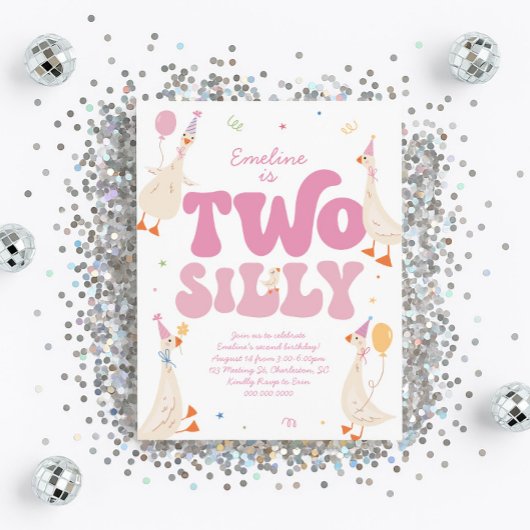 Two Silly Goose 2歳の誕生日パーティー招待状 女の子 ピンク 招待状