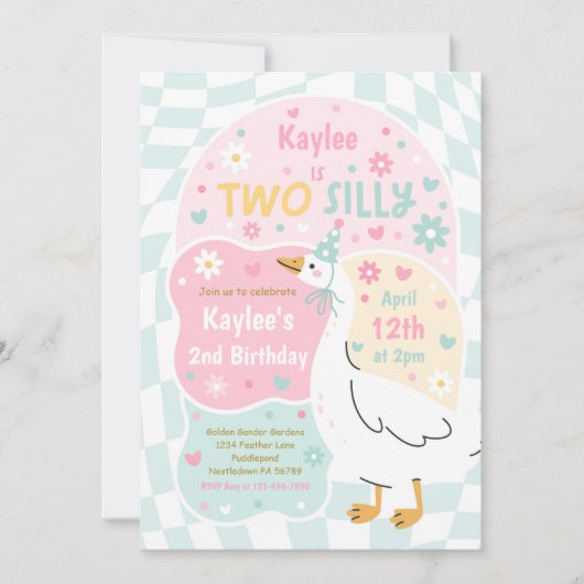 Two Silly Goose 2歳の誕生日パーティー 春の誕生日 招待状 (正面)