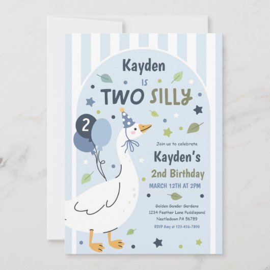 Two Silly Goose 2歳の誕生日パーティー 春の誕生日 招待状 (正面)