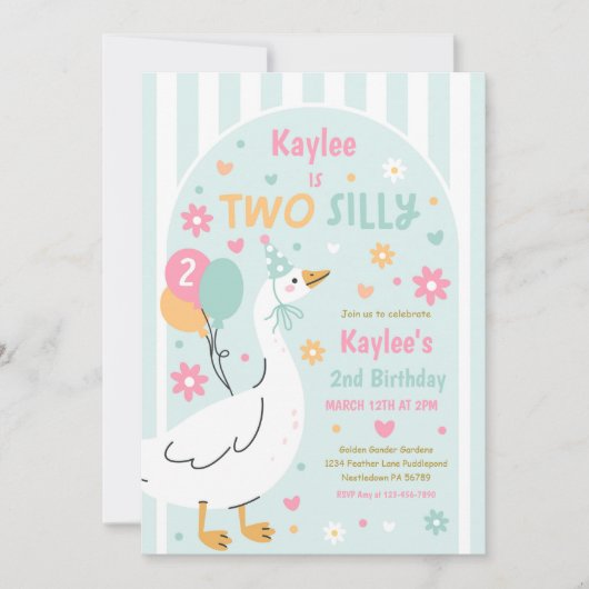 Two Silly Goose 2歳の誕生日パーティー 春の誕生日 招待状 (正面)