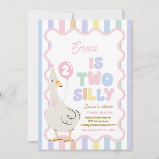 Two Silly Goose 2歳の誕生日パーティー 春の誕生日 招待状 (正面)