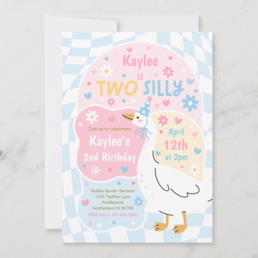 Two Silly Goose 2歳の誕生日パーティー 春の誕生日 招待状 (正面)