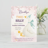 Two silly goose 2nd birthday cute floral pink 招待状 (スタンド正面)