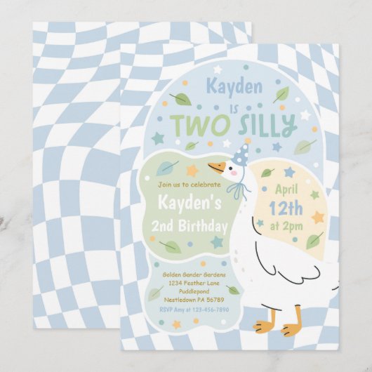 Two Silly Goose 2nd Birthday Party Spring Birthday 招待状 (正面/裏面)