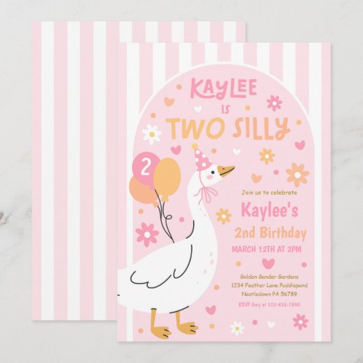 Two Silly Goose 2nd Birthday Party Spring Birthday 招待状 (正面/裏面)