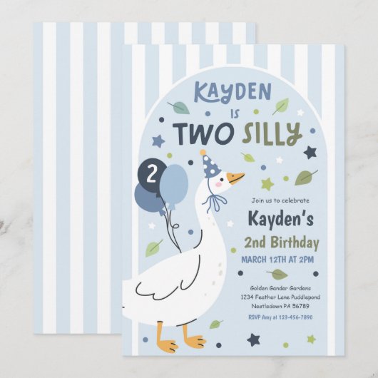 Two Silly Goose 2nd Birthday Party Spring Birthday 招待状 (正面/裏面)