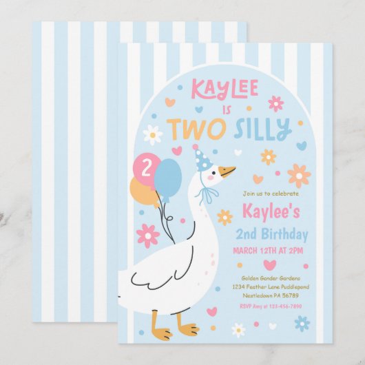 Two Silly Goose 2nd Birthday Party Spring Birthday 招待状 (正面/裏面)