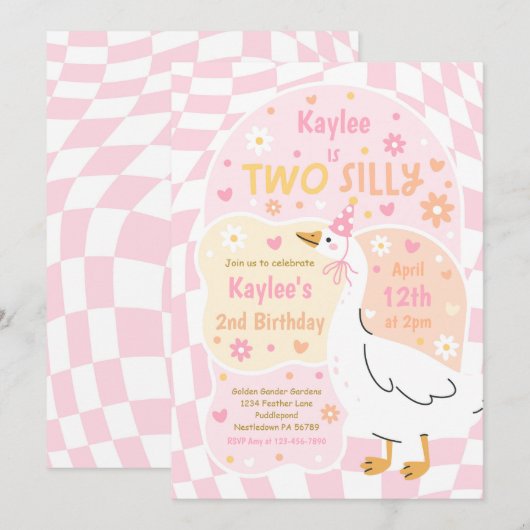 Two Silly Goose 2nd Birthday Party Spring Birthday 招待状 (正面/裏面)