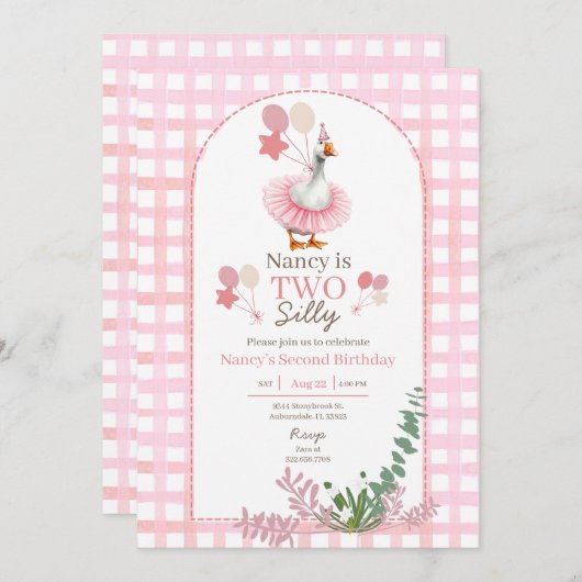 Two Silly Goose 2nd Birthday Pink Invitation 招待状 (正面/裏面)