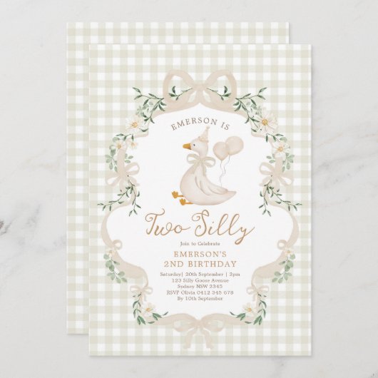 Two Silly Goose Beige Bow Girl 2nd Birthday 招待状 (正面/裏面)