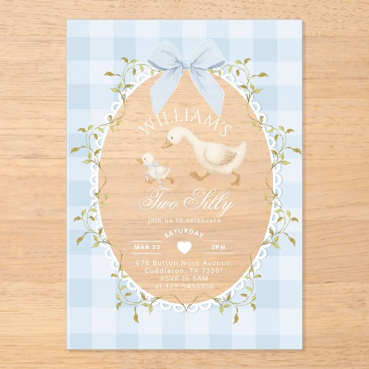 Two Silly Goose Blue Gingham 2nd Birthday アクリル招待状 (正面)