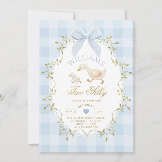 Two Silly Goose Blue Gingham Boy 2nd Birthday 招待状 (正面)