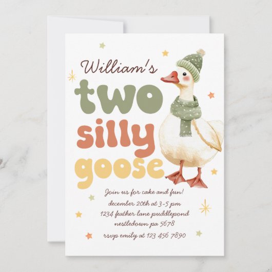 Two Silly Goose Christmas Green 2nd Birthday 招待状 (正面)