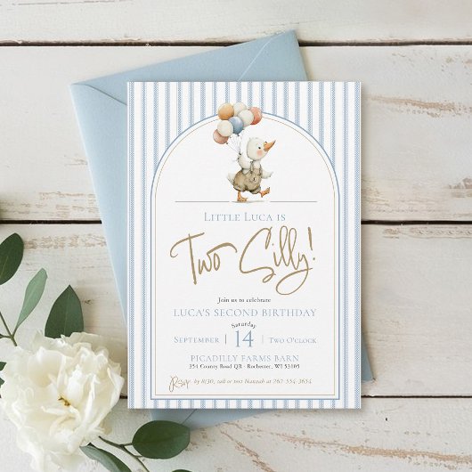 Two Silly Goose Cute Pinstripe Boy 2nd Birthday 招待状