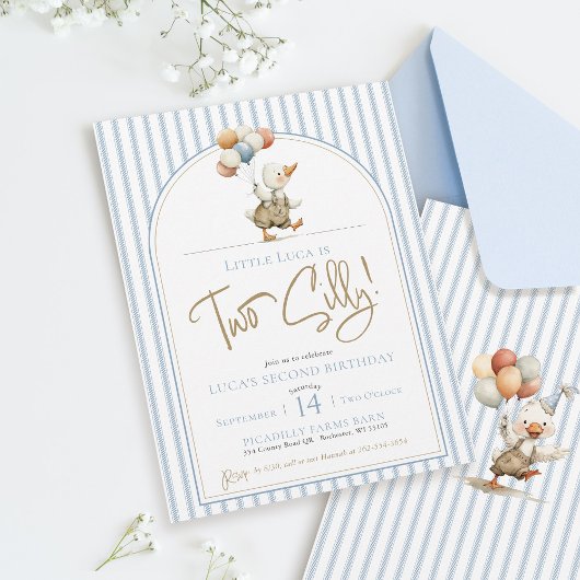 Two Silly Goose Cute Pinstripe Boy 2nd Birthday 招待状