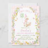 Two Silly Goose Floral Pink Gingham Girl Birthday 招待状 (正面)