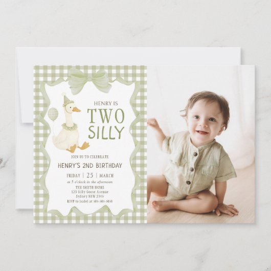 Two Silly Goose Gingham 2nd Birthday Invitation 招待状 (正面)
