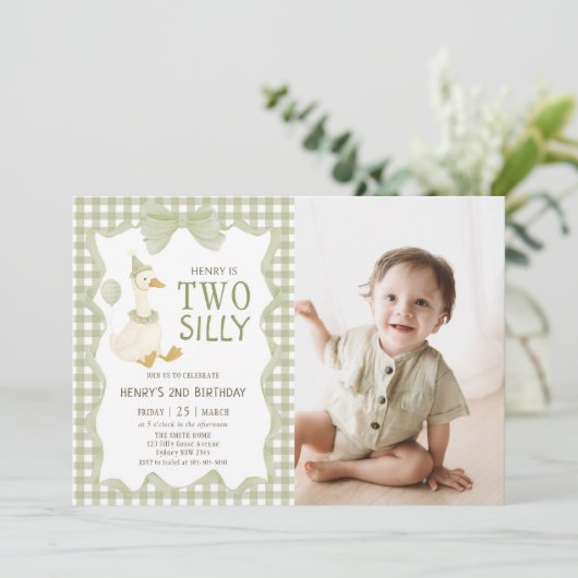 Two Silly Goose Gingham 2nd Birthday Invitation 招待状 (スタンド正面)