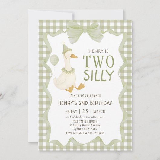 Two Silly Goose Gingham 2nd Birthday Invitation 招待状 (正面)
