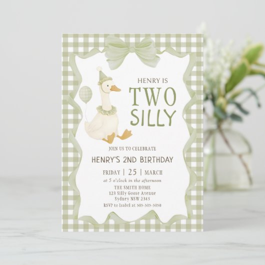 Two Silly Goose Gingham 2nd Birthday Invitation 招待状 (スタンド正面)