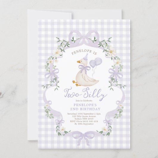 Two Silly Goose Lavender Bow Girl 2nd Birthday 招待状 (正面)