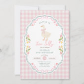 Two Silly Goose Pink Bow Girl 2nd Birthday 招待状 (正面)