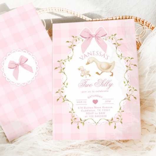 Two Silly Goose Pink Bow Girl 2nd Birthday 招待状