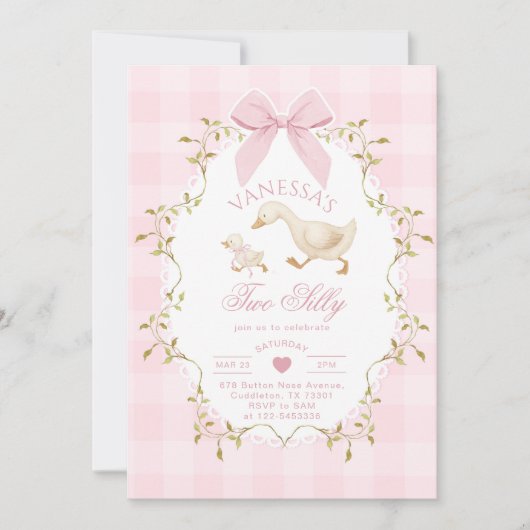 Two Silly Goose Pink Bow Girl 2nd Birthday 招待状 (正面)