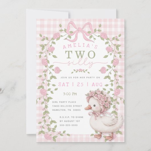 Two Silly Goose Pink Gingham Second Birthday Party 招待状 (正面)