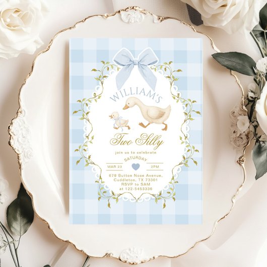 Two Silly Whimsical Blue Gingham Boy 2nd Birthday 招待状