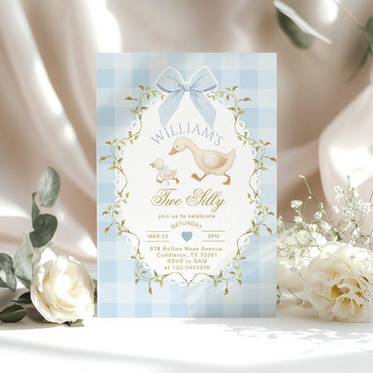 Two Silly Whimsical Blue Gingham Boy 2nd Birthday 招待状